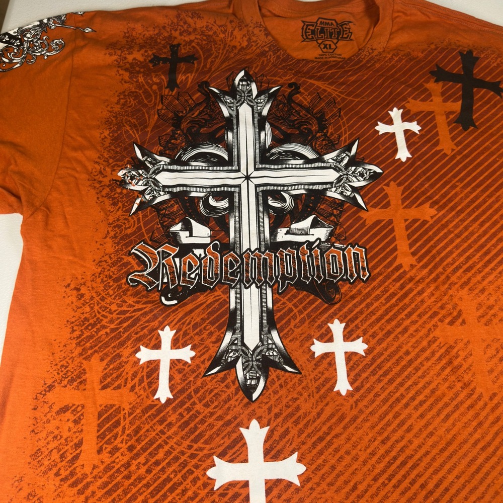 MMA Elite T-Shirt‎ Y2K Burnt Orange Cotton Graphic Cross Crest Mens XL